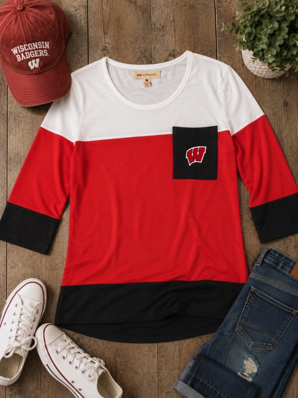 NWT: UG Apparel | Wisconsin Badgers 3/4 Sleeve Striped Colorblock Blouse | Sz M